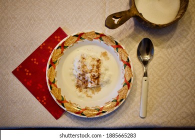 Scandinavian Christmas Rice Porridge With Milk, Sugar And Cinnamon.