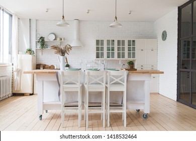 Scandinavian Classic Kitchen With Wooden And White Details, Minimalistic Interior Design. Real Photo.