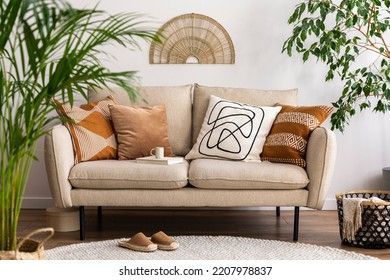 Scandinavian and cozy interior of living room with design beige sofa, pillows, plants, carpet, decoration and personal accessories. Stylish home decor. Template.