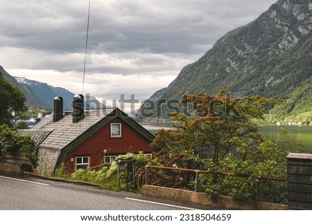 Scandinavian houses along an asphalt road in a small village in Norway