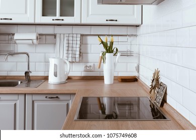 Scandinavian Interior Design. White Grey Kitchen Room Organization