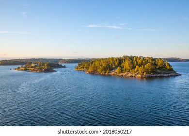 Scandinavian Landscape. Panoramic View Of Small Islands In The Archipelago Of Stockholm, Sweden