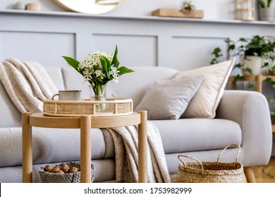 Scandinavian living room interior with design grey sofa, wooden coffee table, plants, shelf, spring flowers in vase, decoration and elegant personal accessories at home decor.