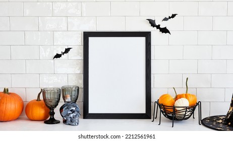 Scandinavian Living Room Interior With Halloween Decor And Picture Frame Mockup. Halloween Holiday Celebration Concept.