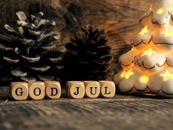 Scandinavian Merry Christmas With Wooden Blocks And The Inscrption God Jul