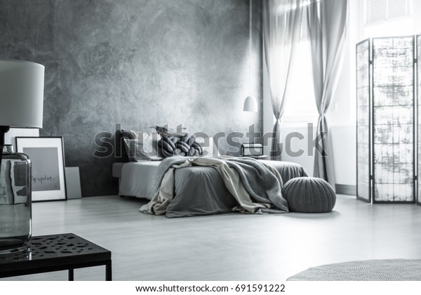 Scandinavian Minimalist Design Monochromatic Gray Bedroom Stock Photo Edit Now 691591222