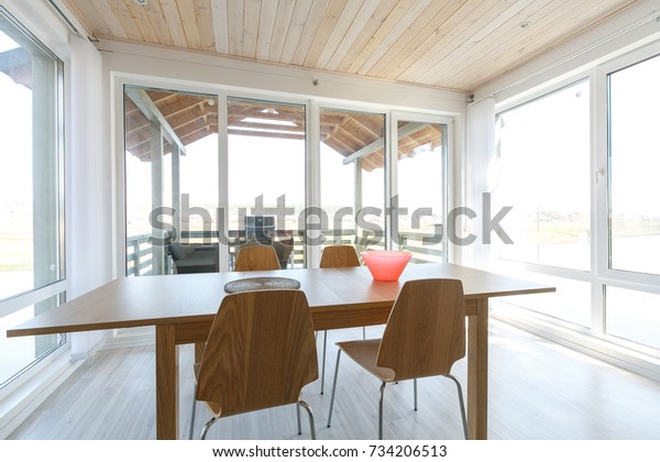 Scandinavian Minimalistic Interior Cottage White Laminate Stock