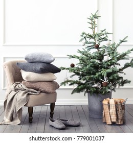 Scandinavian Style Christmas Home Interior, Relaxing Place. 