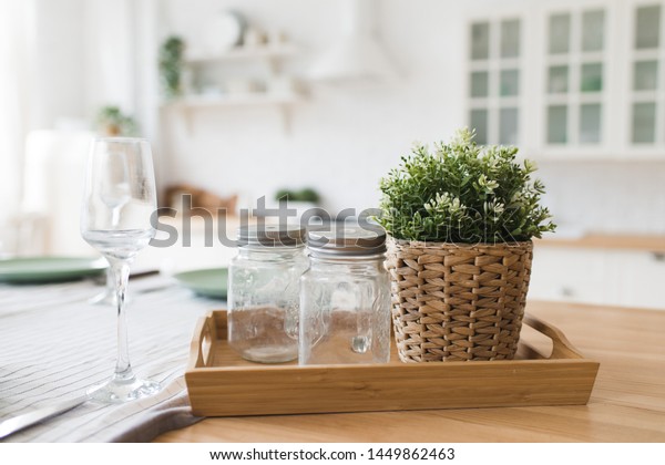 Scandinavian Style Kitchen Decor Elements Glass Stock Photo