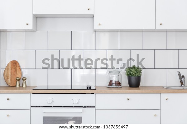 Scandinavian Style Kitchen White Cabinets Wooden Stock Photo Edit