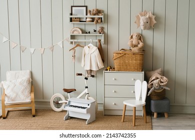 Scandinavian-style Children's Room: Chest Of Drawers, Bicycle, Toys, Piano Toy