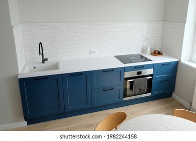 Scandinvain Style Blue Kitchen Furniture. Nordic Small Kitchen Interior Design