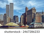 Scanned slide of a historical color photograph of the New York skyline, Manhattan with skyscrapers and the old World Trade Center, early 1990s