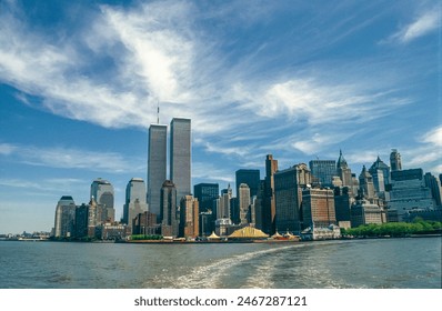 Scanned slide of a historical color photograph of the New York skyline, Manhattan with skyscrapers and the old World Trade Center, early 1990s