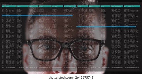 Scanning IT analyst examining logs at control room, with code overlay and eyeglasses reflection. Technology, cybersecurity, data, analysis, digital, surveillance, innovation - Powered by Shutterstock - Get 15% off with code: PIKWIZARD15