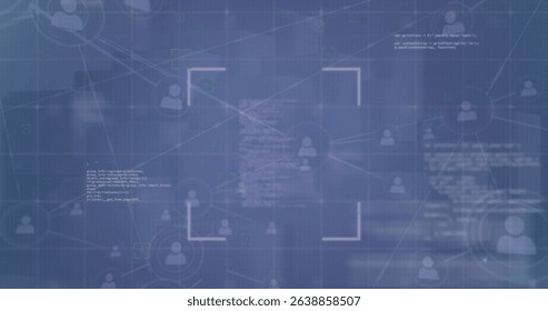 Scanning bracketed frame over interface, showing connected user icons, lines, code and neon markers. Technology, cybersecurity, digital connectivity, data network, cyber interface, high tech, abstract