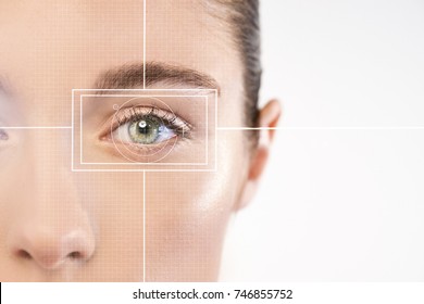 Scanning of the eye retina for the recognition of people through biometrics and the advancement of futuristic technology. Concept of: eyes, future, technology.