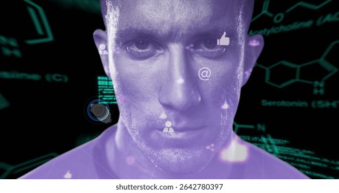 Scanning holographic UI tech pro analyzing serotonin data in lab, with green text and UI icons. Futuristic, digital, interface, scientific, cyber, immersive, technological - Powered by Shutterstock - Get 15% off with code: PIKWIZARD15