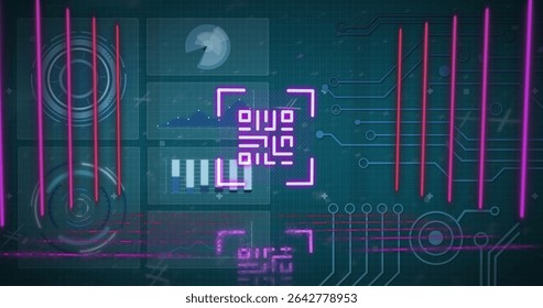 Scanning neon magenta frame highlighting QR-code-like symbol at high-tech panel, with HUD graphics. Futuristic, cyber, technology, interface, digital, hud, circuit - Powered by Shutterstock - Get 15% off with code: PIKWIZARD15