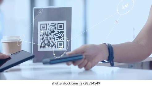 Scanning portrait QR code sign on cafe counter, phones, cup left, band right showing payment. Contactless, digitalwallet, fintech, transaction, retail, bright, overlay