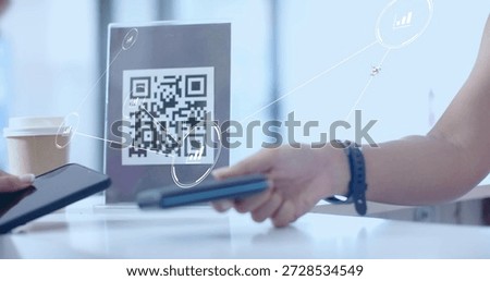 Scanning portrait QR code sign on cafe counter, phones, cup left, band right showing payment. Contactless, digitalwallet, fintech, transaction, retail, bright, overlay