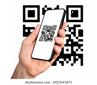 Scanning QR code with mobile phone application. QRcode scanner app on screen in hand isolated on white background