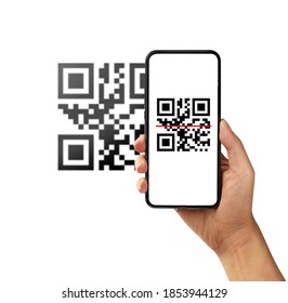Scanning QR code with mobile smart phone isolated on white background. - Shutterstock ID 1853944129