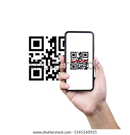 Scanning QR code with mobile smart phone. Isolated on white background.
Qr code payment, E wallet , cashless technology concept.