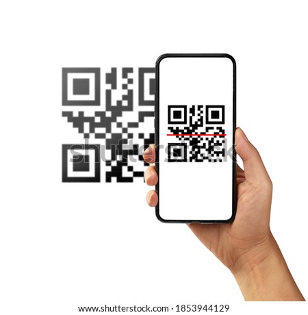 Scanning QR code with mobile smart phone isolated on white background.