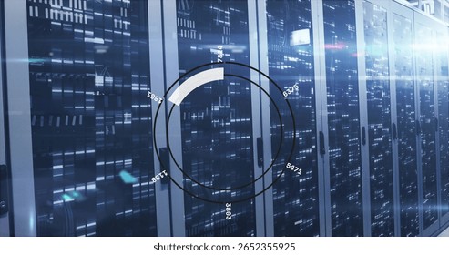 Scanning server racks showing lights and cables in data center, with circular holographic overlay. Data center, cybersecurity, digital interface, technology, networking, innovation, futuristic