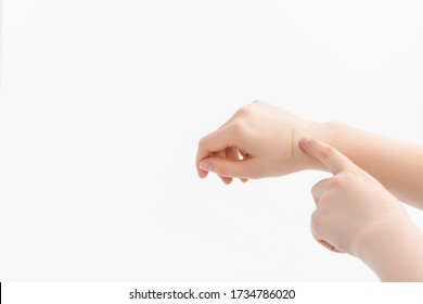 A Scar On A Female Hand, Pointing At The Scar.