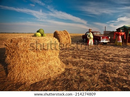 scarecrow in the farmland oldcar