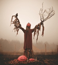 Scarecrow With Lantern And Halloween Decoration