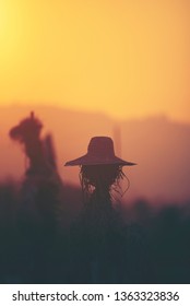 Scarecrow In The Paddy Rice Field At Sunset