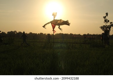 Scarecrow silhouette on sun background. Focus selected