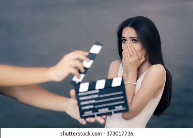 Scared Actress Shooting Movie Scene  - Young Professional Cinema Star Acting Sad In A Drama Film
