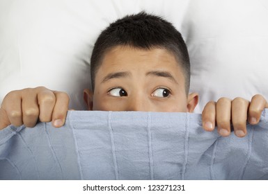 Scared Boy Hiding In Bed