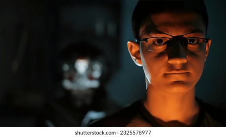 a scared boy walking with a man walking behind him in a Halloween costume - Powered by Shutterstock