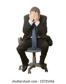 A Scared Businessman In A Chair Isolated On A White Background