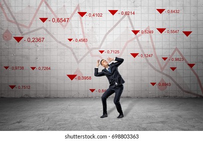 A Scared Businessman Cowers Near A Concrete Wall With Red Stock Market Indexes And Falling Statistic Lines. Financial Markets. Bear Trading. Losing Money.