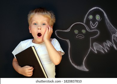 Scared child boy is afraid of ghosts. Childhood fears concept	