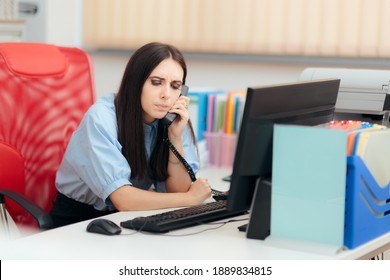 Scared Employee Answering A Phone Call From Her Angry Boss. Unhappy Office Worker Being Fired Over The Phone
