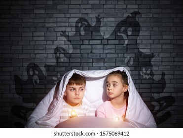 Scared Girl Boy Flashlights Hiding Under Stock Photo 1575069412 ...