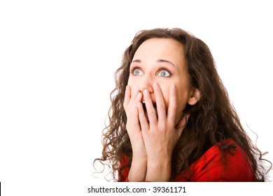 Scared girl shouting aloud isolated on white