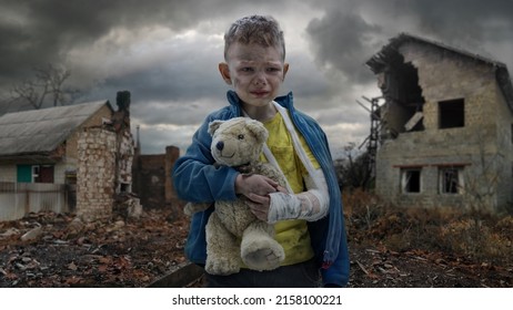 Scared little boy crying. Little Ukrainian patriot. No war with Ukraine. - Shutterstock ID 2158100221