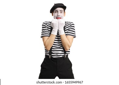 Scared Mime Gesturing With Hands Isolated On White Background