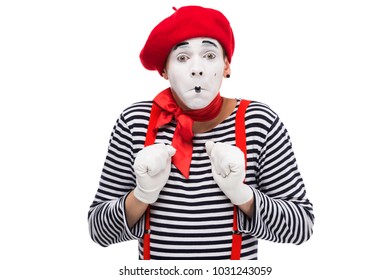 Scared Mime Looking At Camera Isolated On White