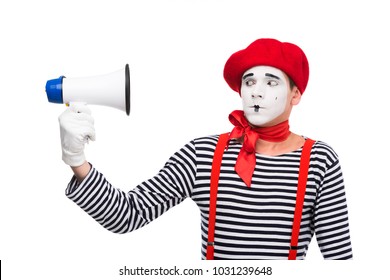 Scared Mime Looking At Megaphone Isolated On White