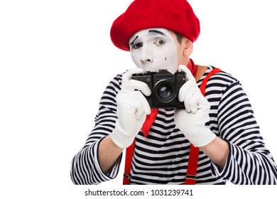 Scared Mime Taking Photo With Film Camera Isolated On White