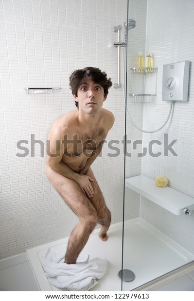 Scared Naked Man Bathroom Stock Photo Edit Now 122979613